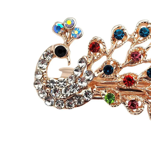 Peacock Colorful Rhinestone Rose Gold Tone Womens Girls Hair Clip - Picture 10 of 10